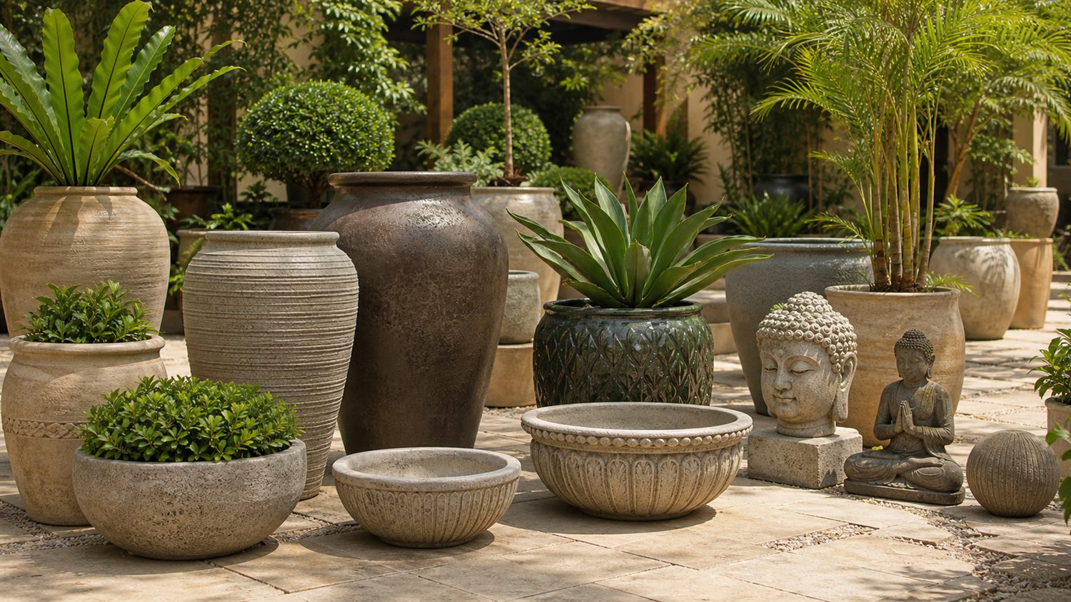 Vasos, esculturas e plantas em showroom externo